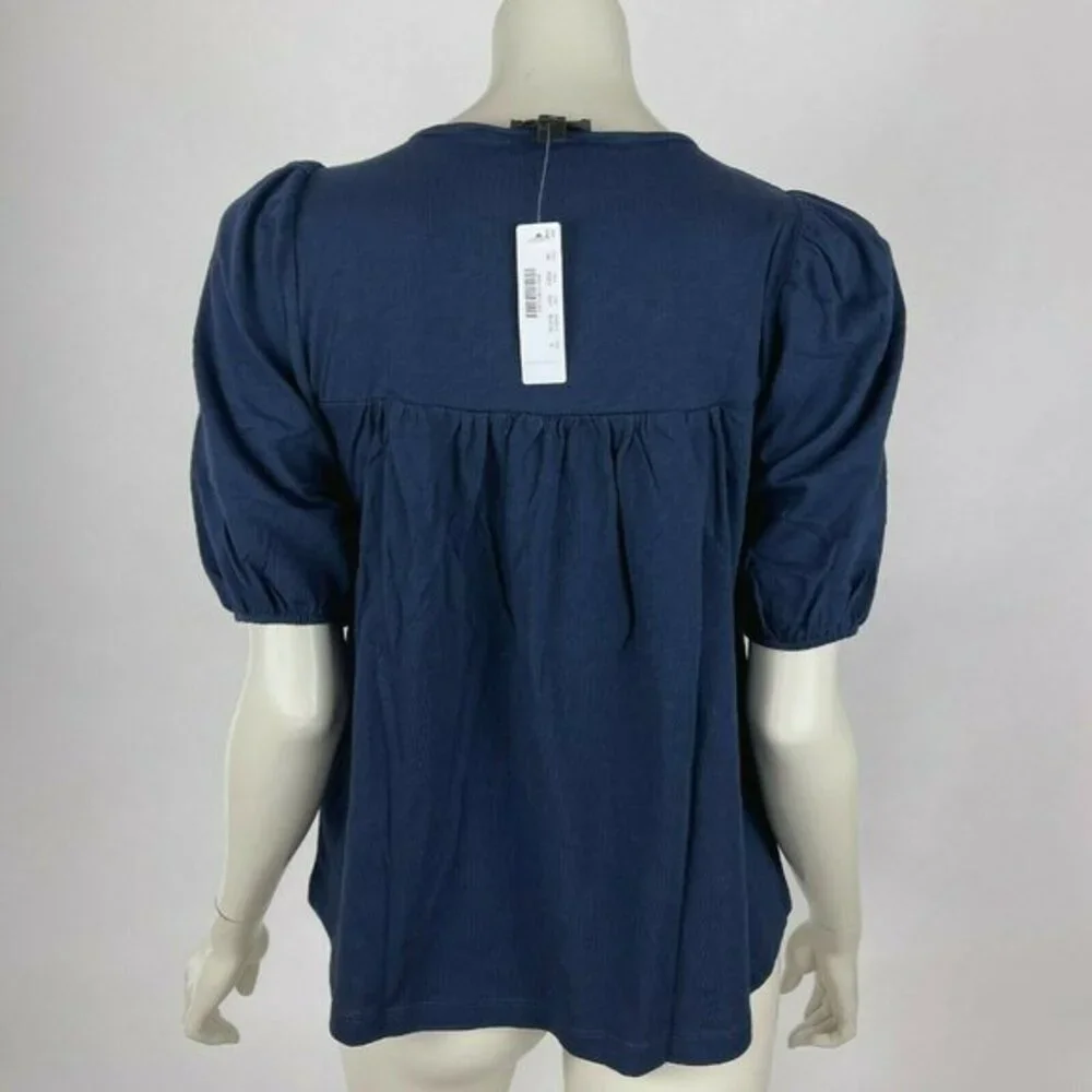 J Crew Puff-sleeve T-shirt Smocked Yoke Short Sleeve Round Neck Navy Women S NWT